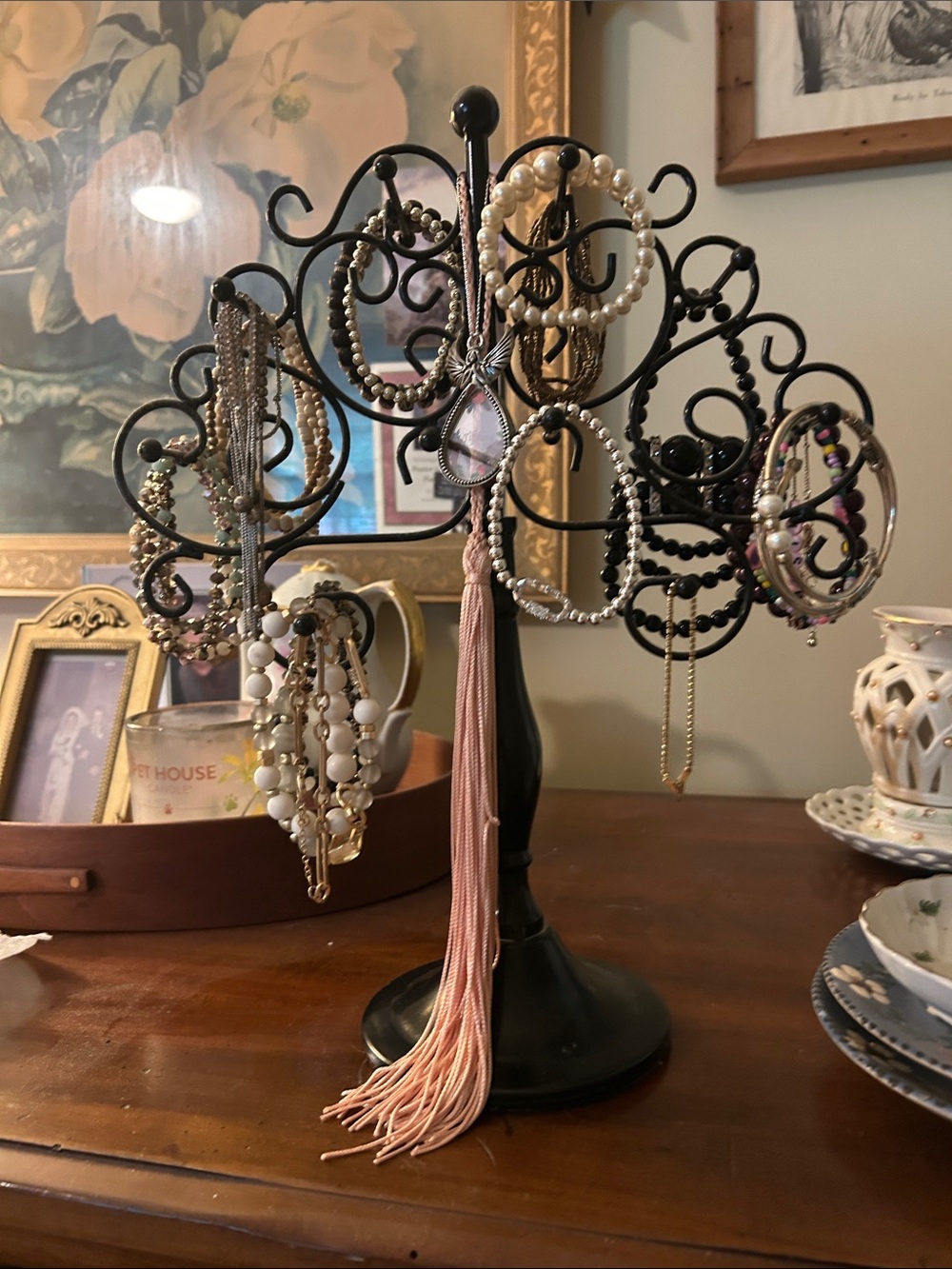 Black Metal Jewelry Tree Stand Organizer - Elegant Bracelet & Necklace Holder